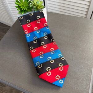Vintage Gucci Horsebit Silk Neck Tie Paolo Gucci Red Blue Black Stripe